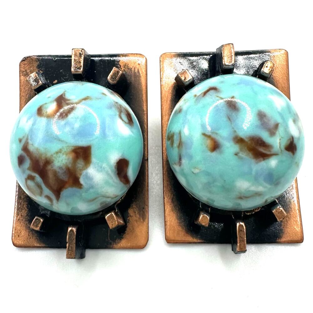 Midcentury vintage modernist copper turquoise lucite cabochons clip on earrings